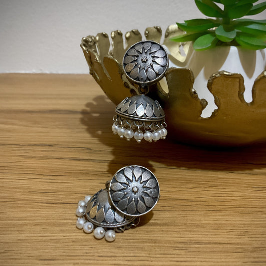 Parijat Oxidised Floral Pearl Drop Jhumka Earrings
