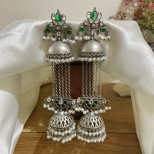 Haritika 925 Silver Plated Green Stone Long Jhumka Earrings