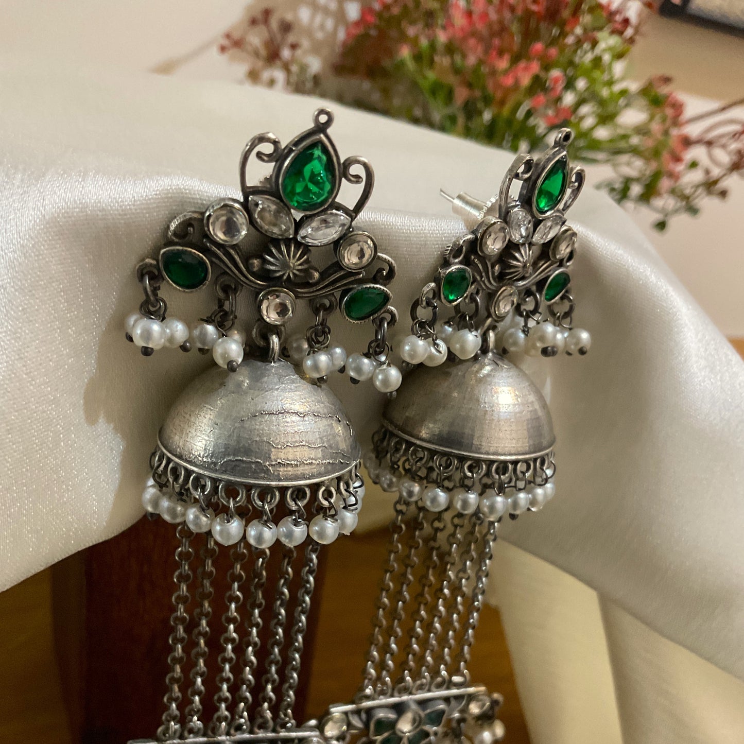 Haritika 925 Silver Plated Green Stone Long Jhumka Earrings