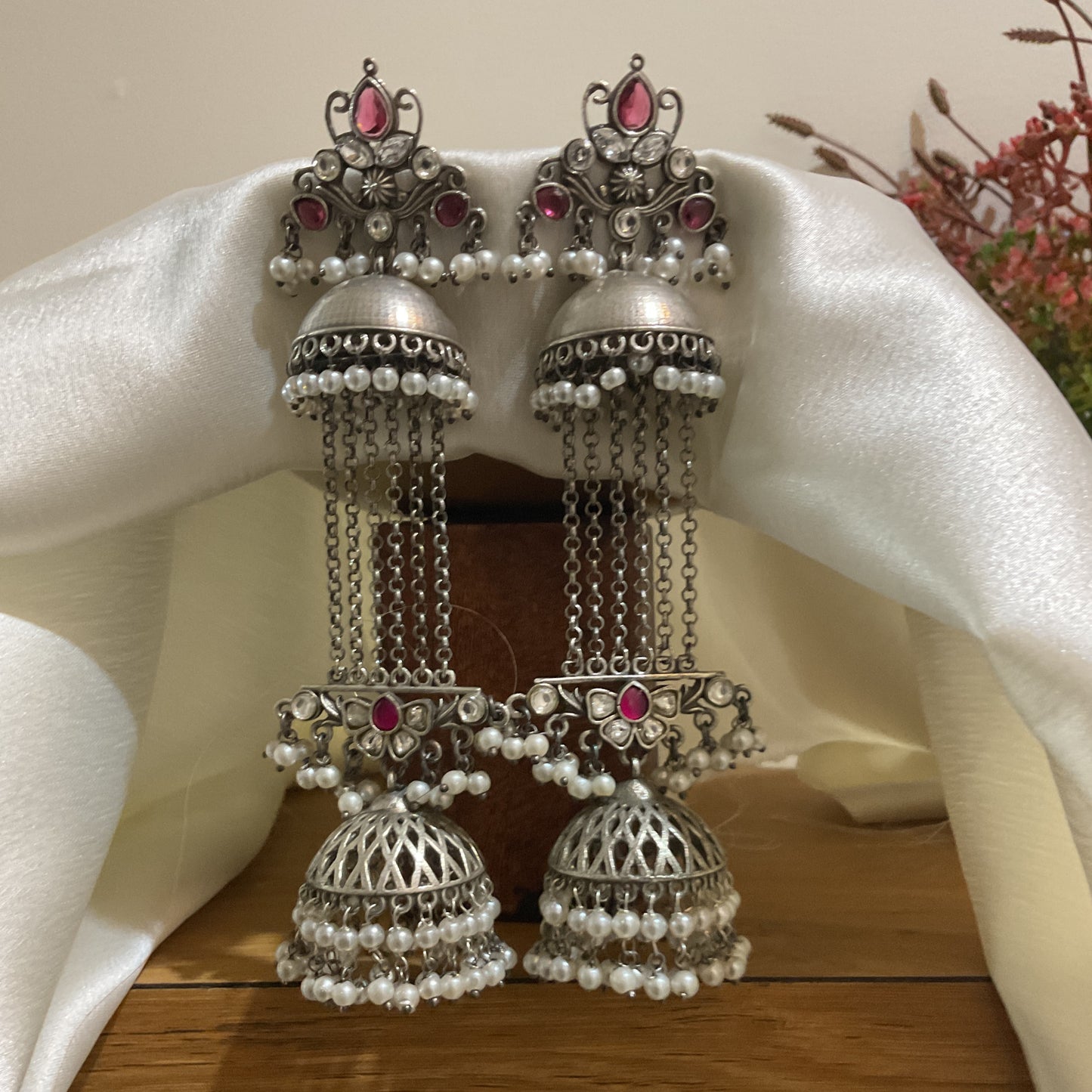 Haritika 925 Silver Plated Pink Stone Long Jhumka Earrings