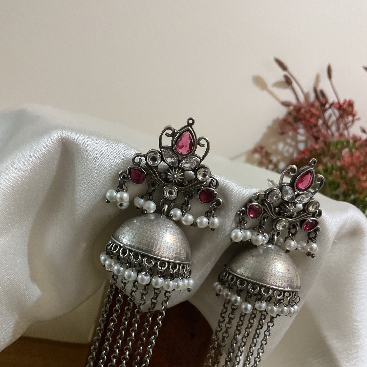Haritika 925 Silver Plated Pink Stone Long Jhumka Earrings