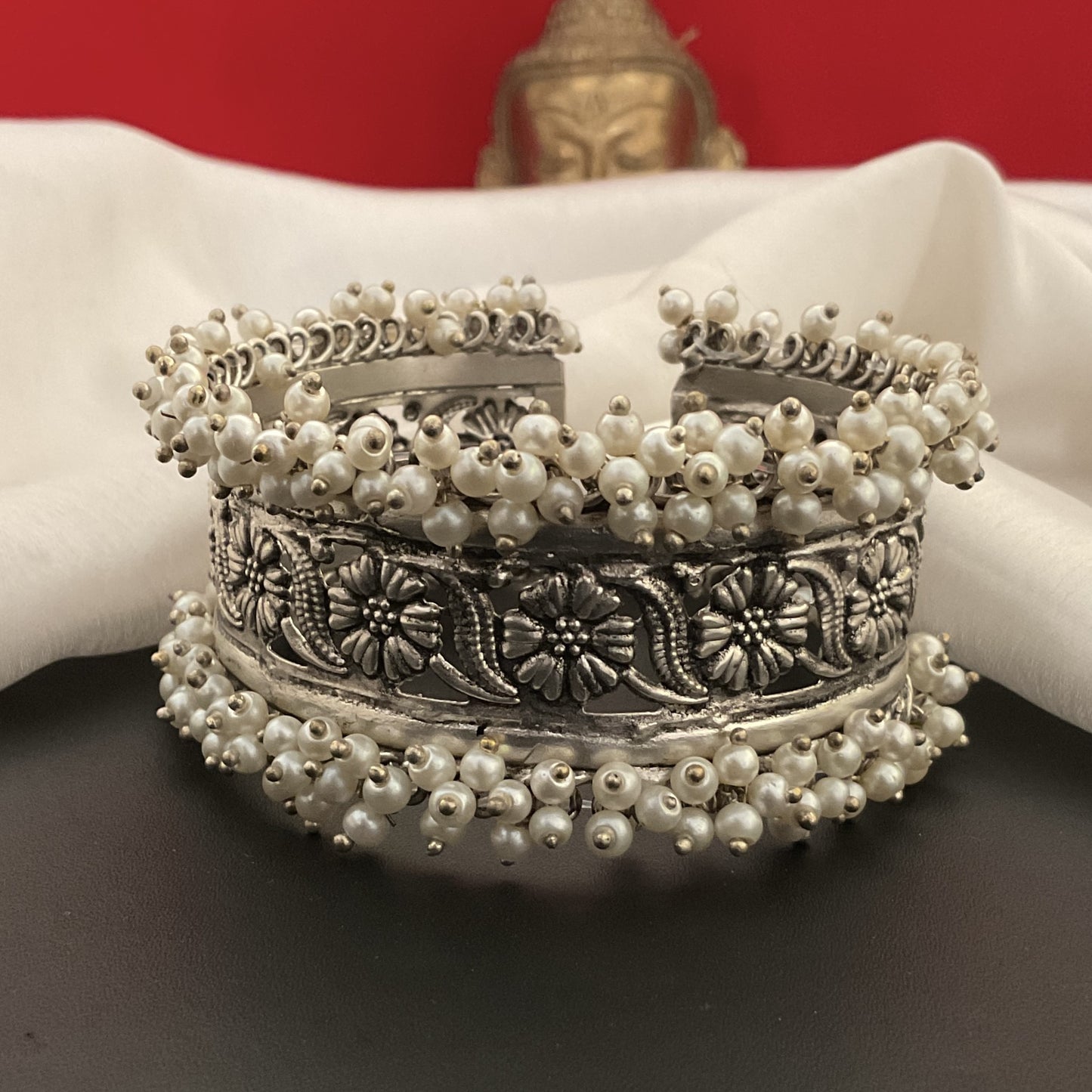 Yael silver plated cluster pearl hand kada