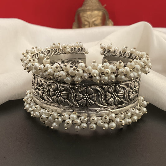 Yael silver plated cluster pearl hand kada