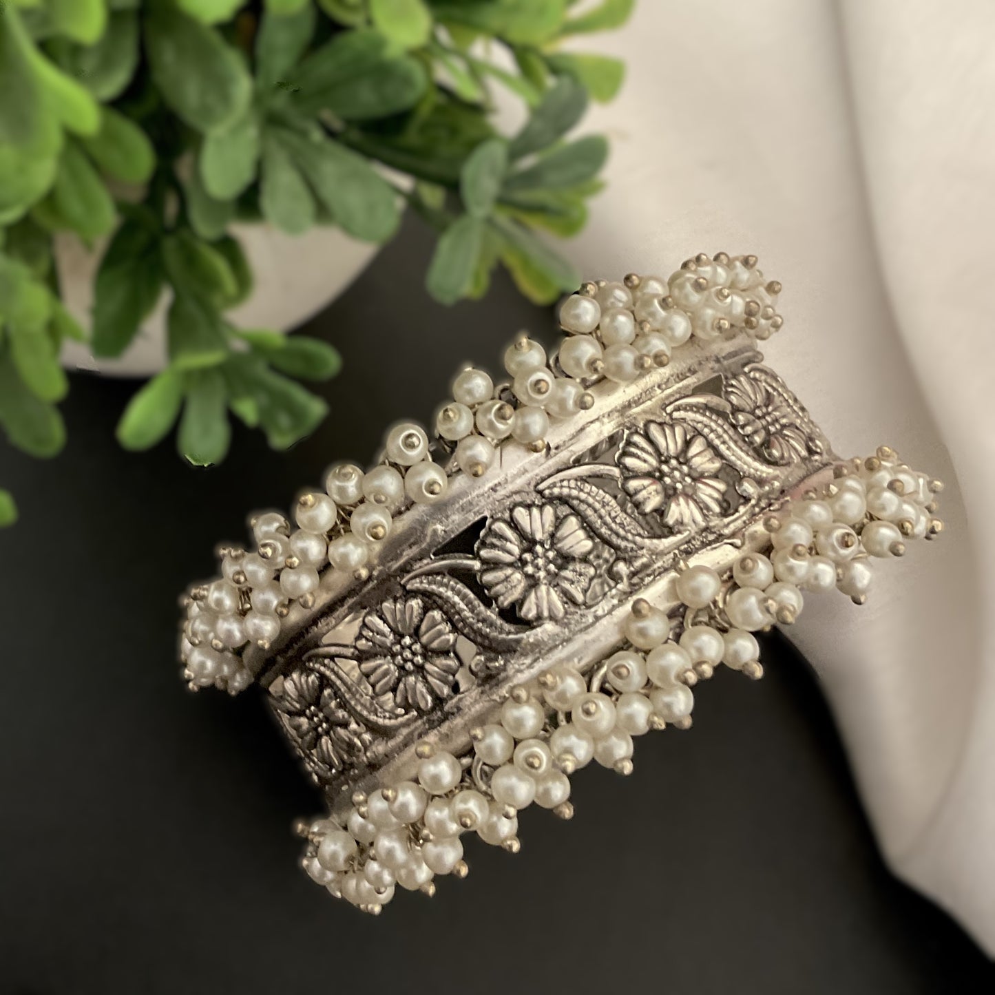 Yael silver plated cluster pearl hand kada