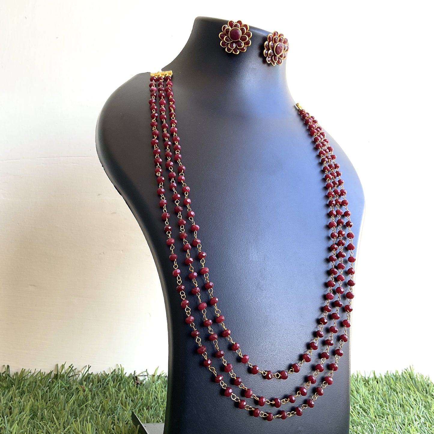 Gaurangi maroon jade 3 layer mala with studs