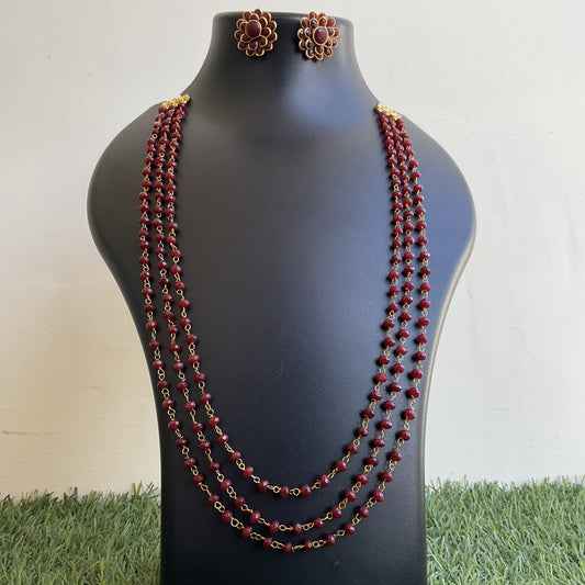 Gaurangi maroon jade 3 layer mala with studs