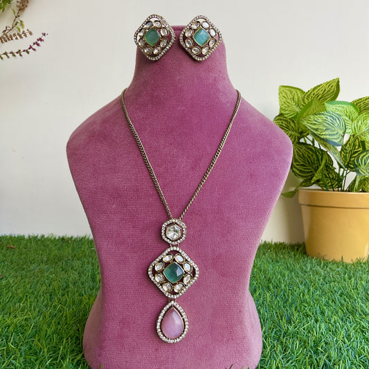 Pratyaksha apala microplated mint pink polki pendant chain with studs