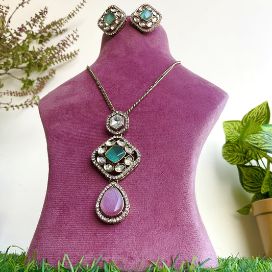 Pratyaksha apala microplated mint pink polki pendant chain with studs