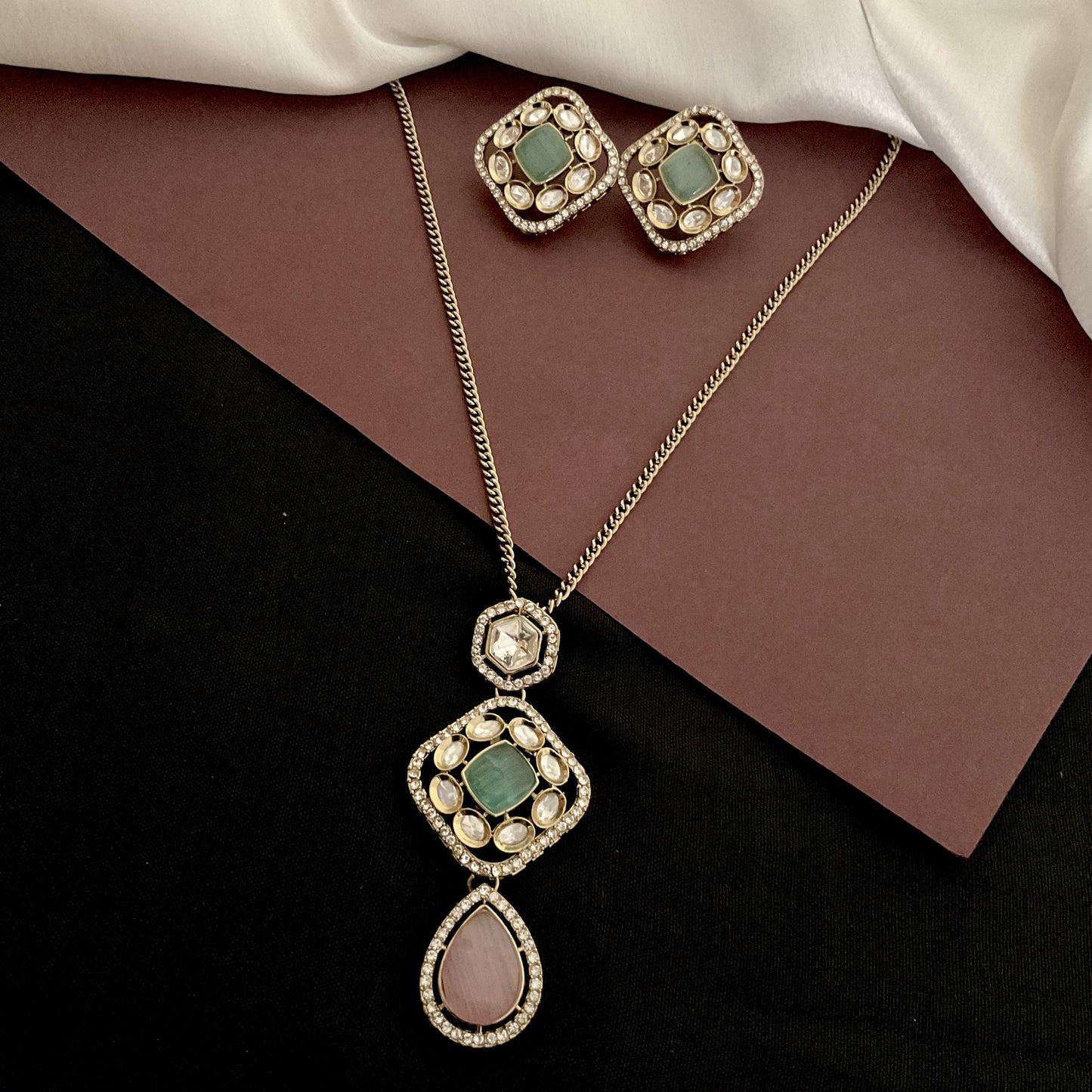 Pratyaksha apala microplated mint pink polki pendant chain with studs