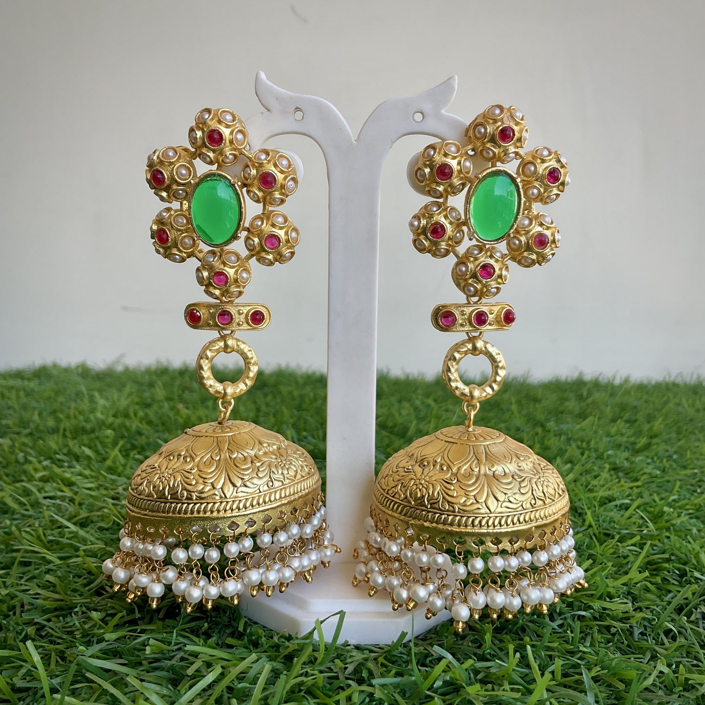 Kanthee green chittaai gold plated big jhumkas