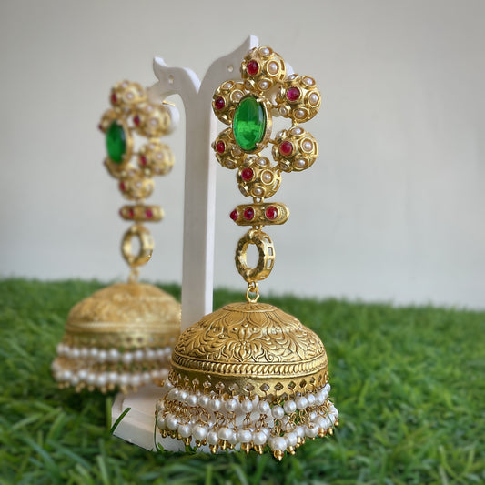 Kanthee green chittaai gold plated big jhumkas