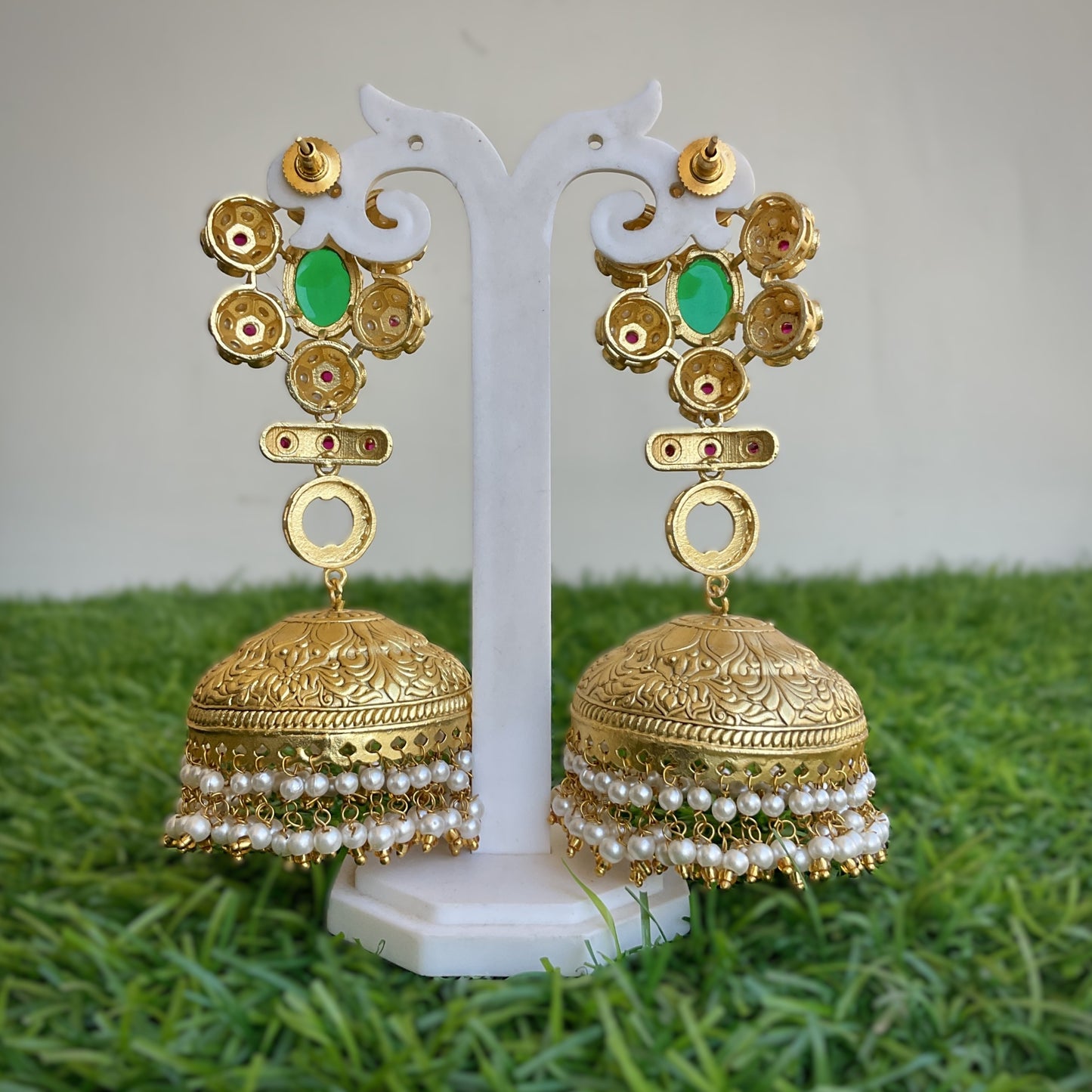 Kanthee green chittaai gold plated big jhumkas