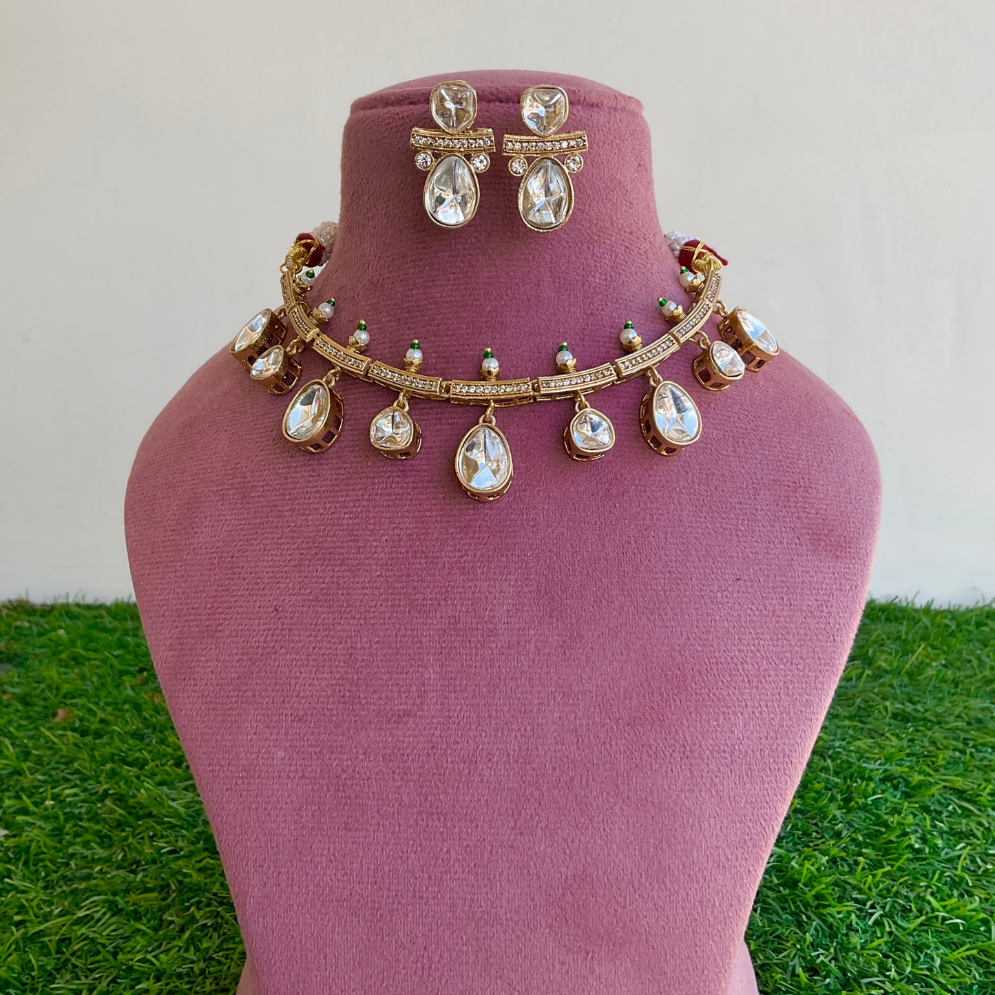 shailputri polki drop mossonite apala polish necklace with polki earrings