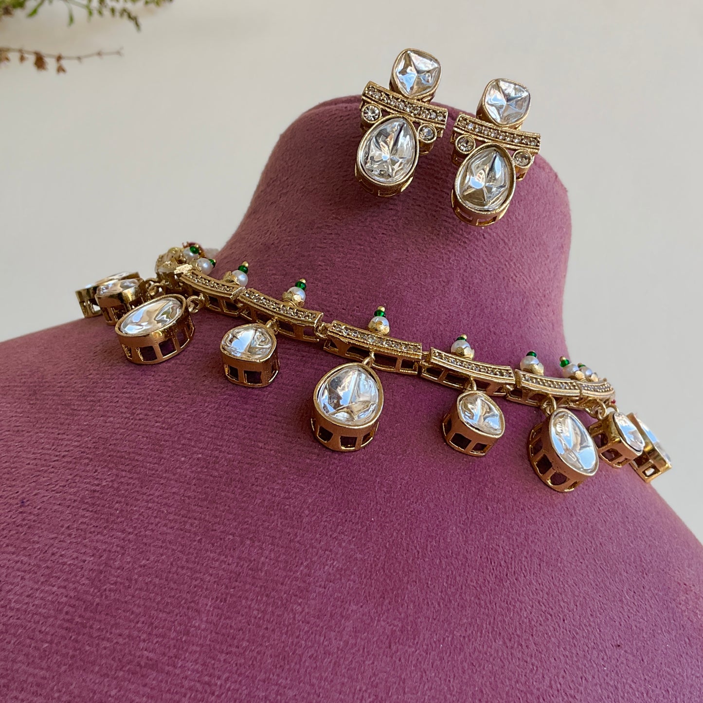 shailputri polki drop mossonite apala polish necklace with polki earrings