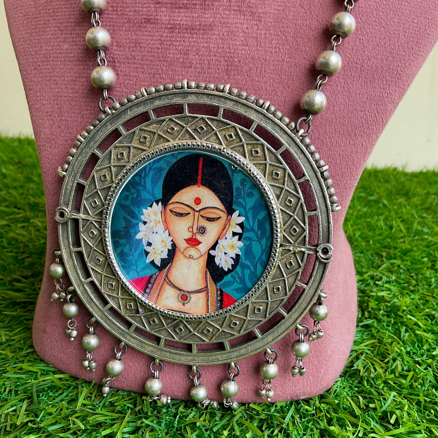 Mehrunisa lady painted silver plated ball chain necklace set for women