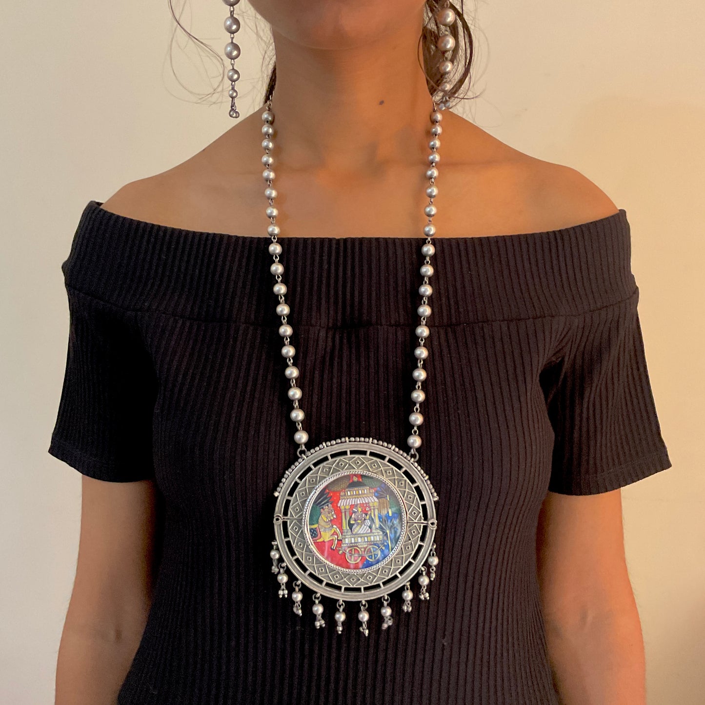 Mehrunisa doli painted silver plated ball chain necklace set for women