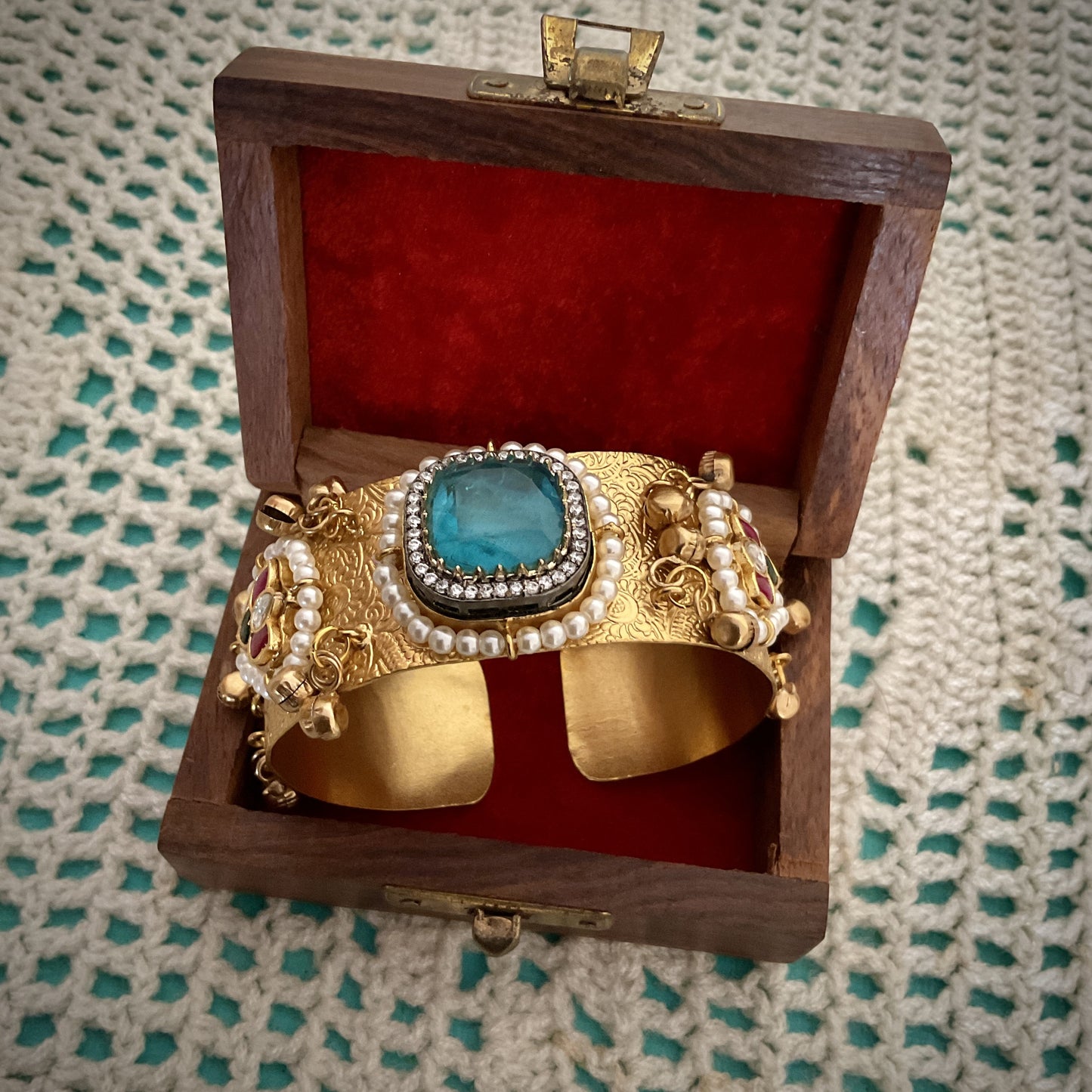 Mohana gold plated paachi kundan ghungroo turquoise blue stone hand kada