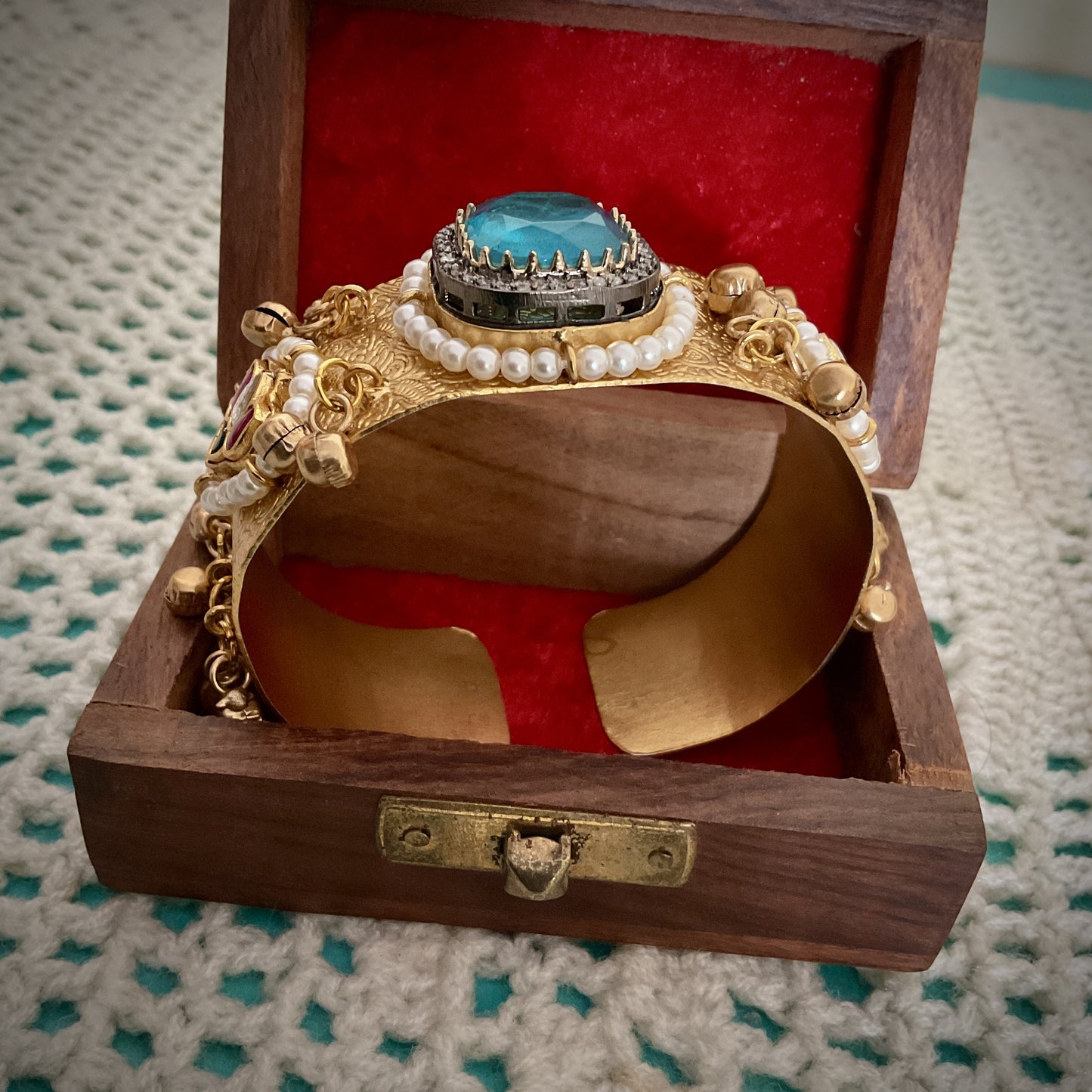 Mohana gold plated paachi kundan ghungroo turquoise blue stone hand kada