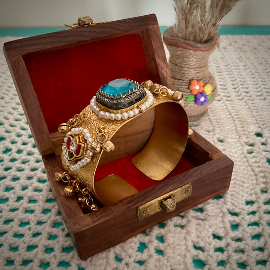 Mohana gold plated paachi kundan ghungroo turquoise blue stone hand kada