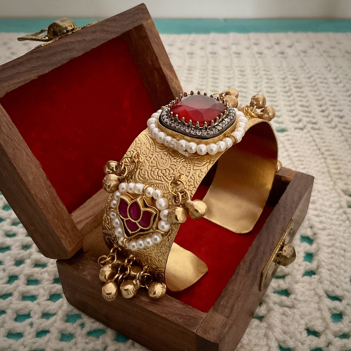 Mohana gold plated paachi kundan ghungroo red stone hand kada