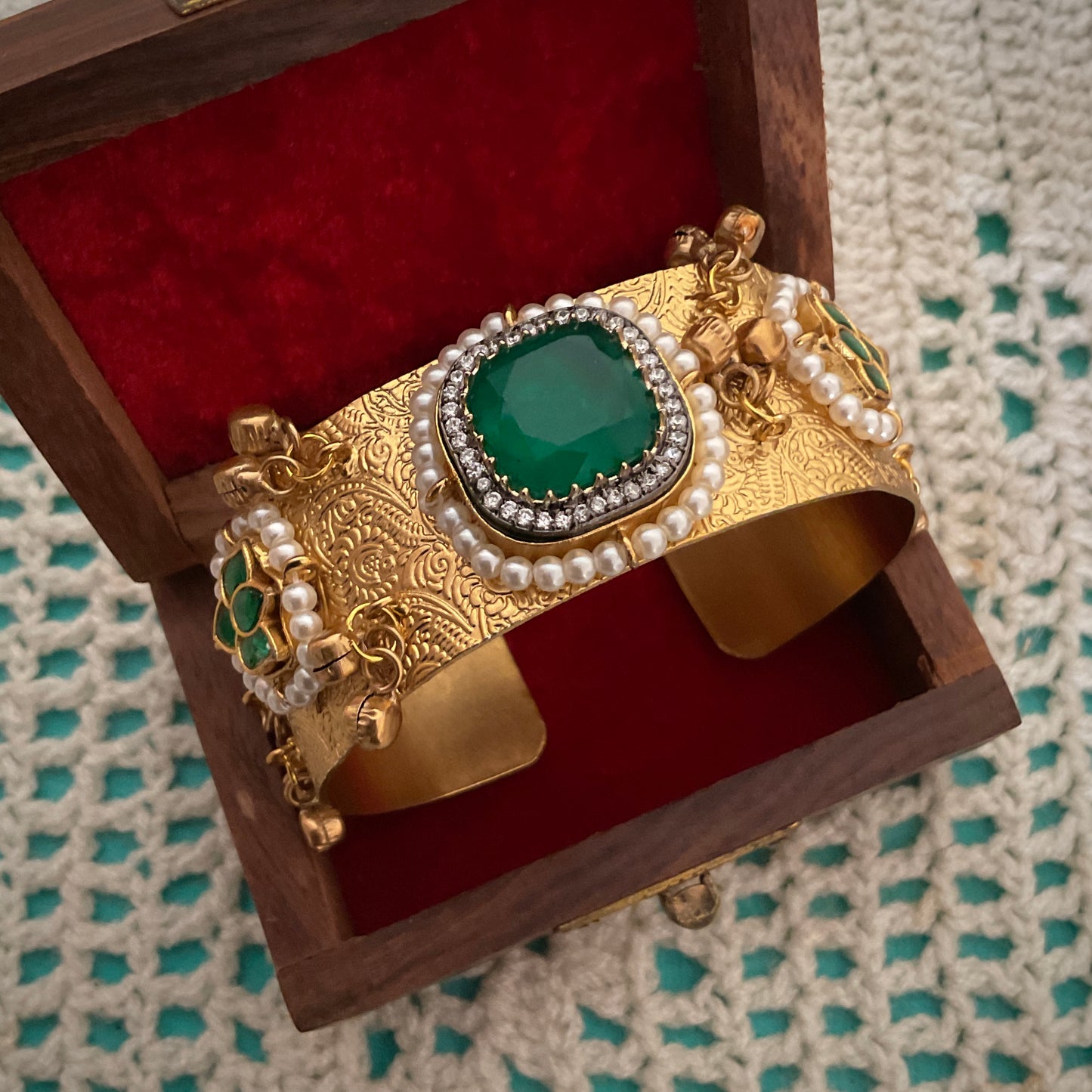 Mohana gold plated paachi kundan ghungroo green stone hand kada
