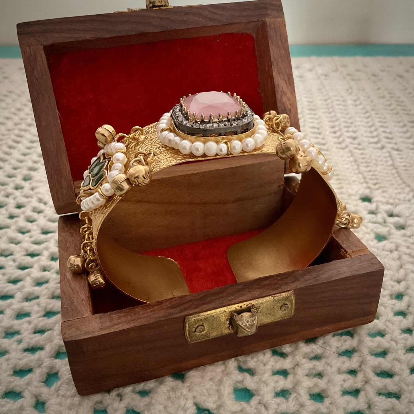 Mohana gold plated paachi kundan ghungroo pink stone hand kada