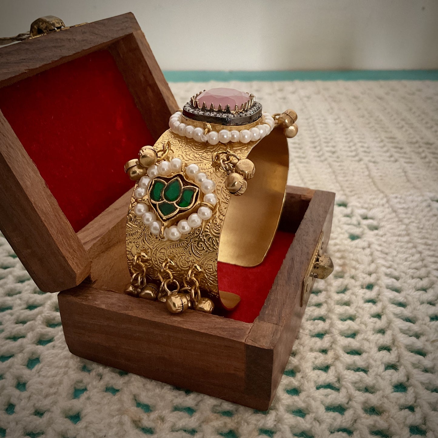 Mohana gold plated paachi kundan ghungroo pink stone hand kada