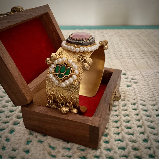 Mohana gold plated paachi kundan ghungroo pink stone hand kada