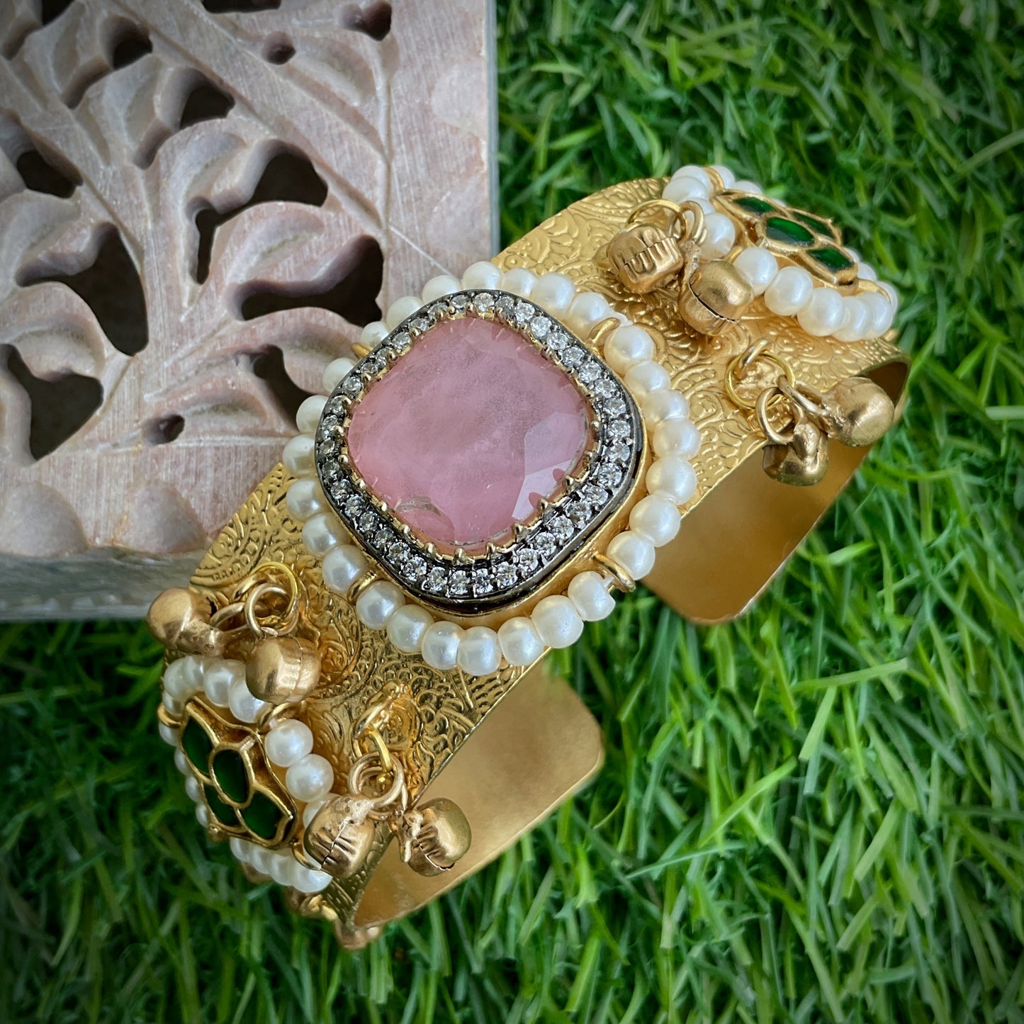 Mohana gold plated paachi kundan ghungroo pink stone hand kada