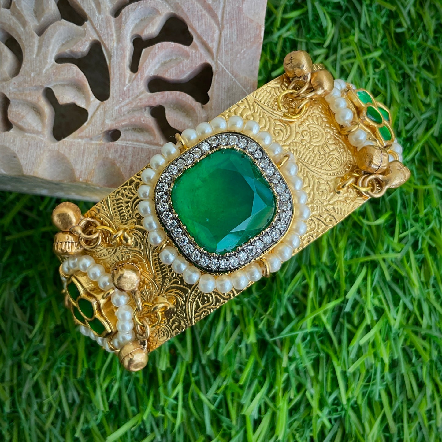 Mohana gold plated paachi kundan ghungroo green stone hand kada