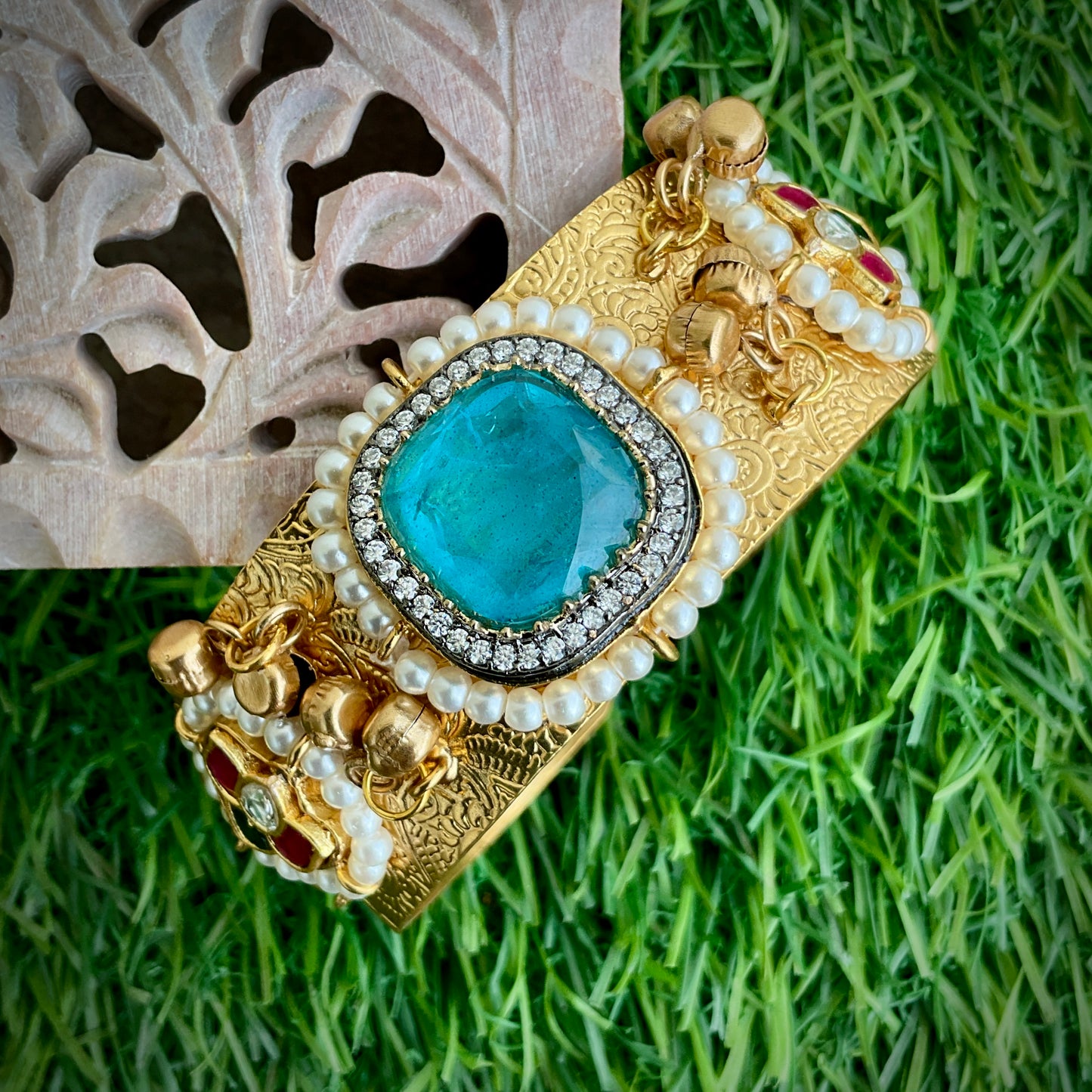 Mohana gold plated paachi kundan ghungroo turquoise blue stone hand kada