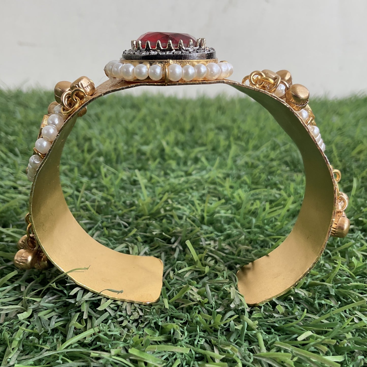Mohana gold plated paachi kundan ghungroo red stone hand kada