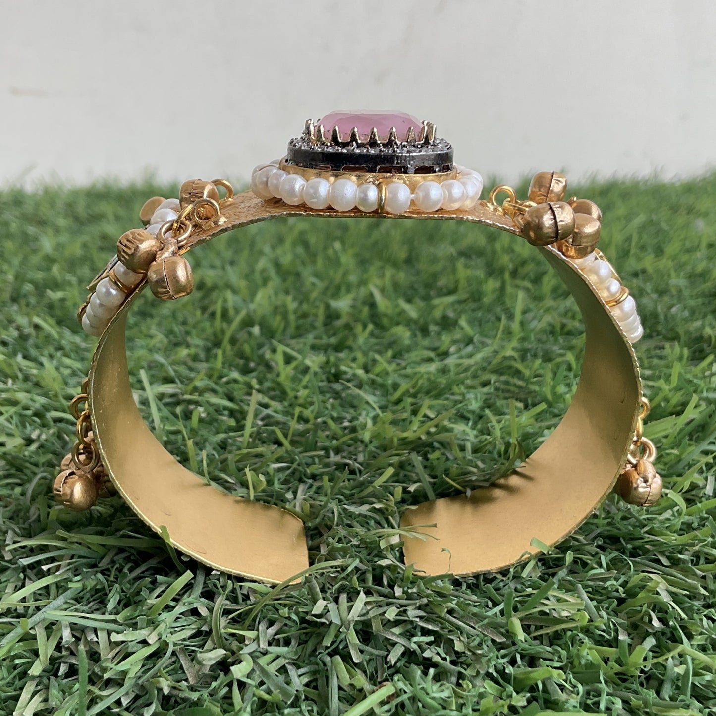 Mohana gold plated paachi kundan ghungroo pink stone hand kada