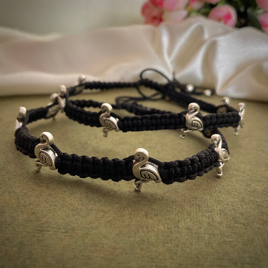 Flamingo silver plated macrame adjustable pair of anklets (set of 2)