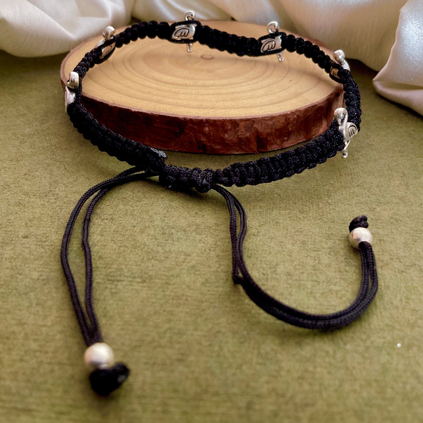 Flamingo silver plated macrame adjustable pair of anklets (set of 2)