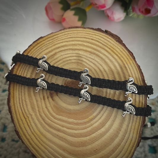 Flamingo silver plated macrame adjustable pair of anklets (set of 2)