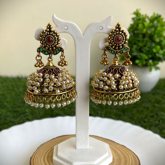 Chetna Antique Gold Temple Pearl Jhumkas